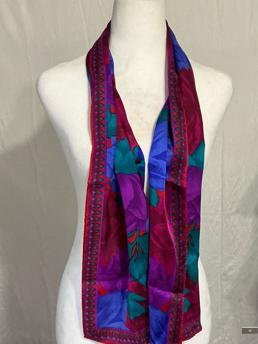 Multicolor Floral Border Scarf — Green, Red, Blue, Purple